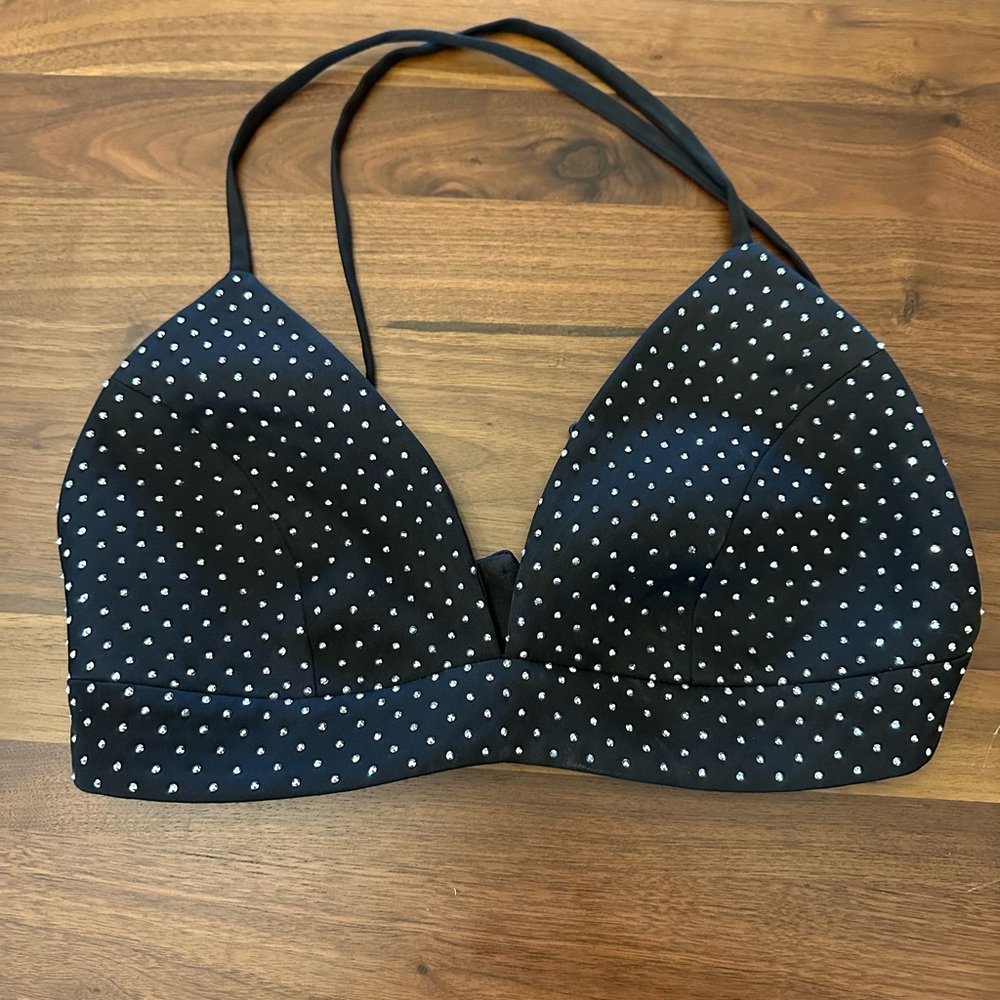 Nadine Merabi Kira black rhinestone crystal bra top xs